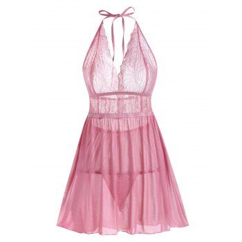 

Lace and Mesh Halter Babydoll Set, Light pink