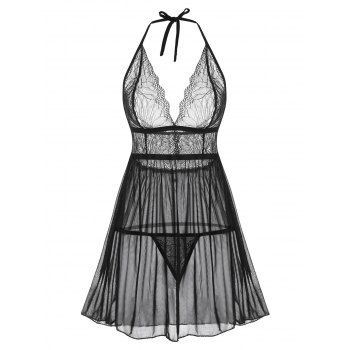 

Lace and Mesh Halter Babydoll Set, Black