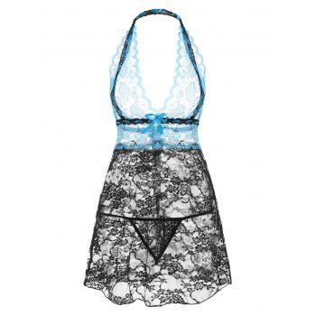 

Halter Two Tone Lace Babydoll Set, Black