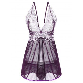 

Floral Lace and Mesh Flyaway Babydoll Set, Concord