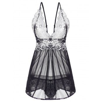 

Floral Lace and Mesh Flyaway Babydoll Set, Black