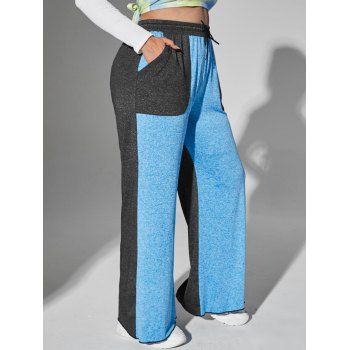 

Contrast Heathered Pockets Plus Size Wide Leg Pants, Blue