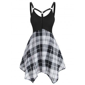 

Plaid PU Leather Straps Rings Asymmetrical Tank Top, Black