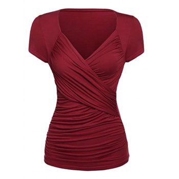 

Plus Size Surplice Plunge Ruched Short Sleeve Tee, Deep red