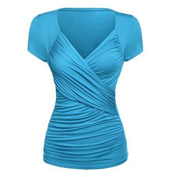 

Plus Size Surplice Plunge Ruched Short Sleeve Tee, Light blue