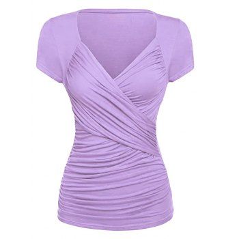 

Plus Size Surplice Plunge Ruched Short Sleeve Tee, Light purple