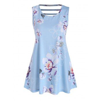 

Plus Size Flower Print Ladder Cutout Tank Top, Light blue