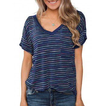 

V Neck Striped Front Pocket Longline Tee, Deep blue