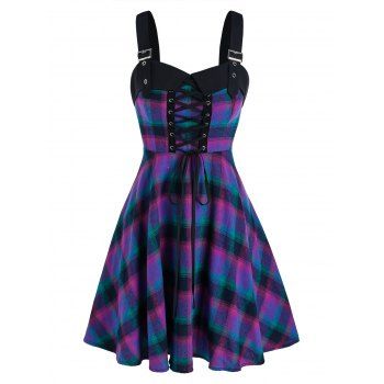 

Sleeveless Plaid Print Buckle Strap Lace-up Mini Dress, Purple