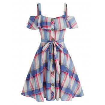 

Plaid Print Cold Shoulder Belted Dress, Multicolor