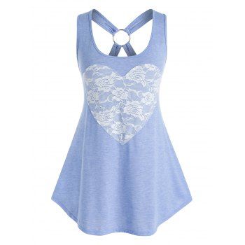 

Plus Size Lace Panel Heart Pattern O Ring Tank Top, Light blue
