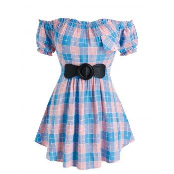 

Plus Size Plaid Off Shoulder Bowknot Frilled Blouse, Multicolor