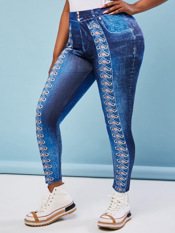 Legging Imprimé 3D à Taille Haute de Grande Taille en Treillis - Bleu 1X