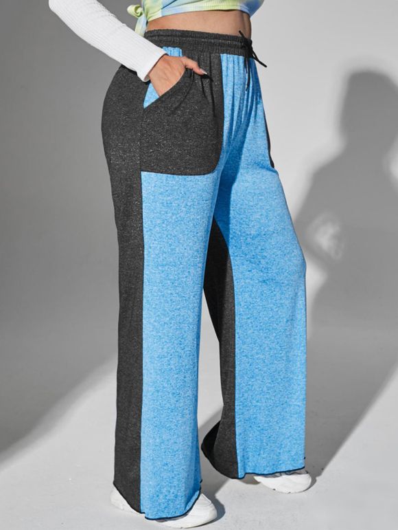 Pantalon Chiné Contrasté à Jambe Large de Grande Taille avec Poches - Bleu 4X