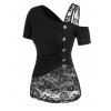 T-shirt Fleur en Dentelle Insérée Boutonné à Volants - Noir L