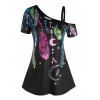 T-shirt à Imprimé Toile à Col Oblique - Noir XXL