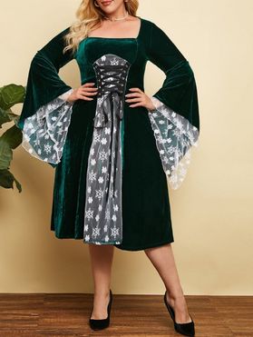 Plus Size Christmas Velvet Snowflake Floral Lace-up Bell Sleeve Dress