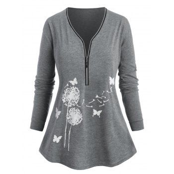 

Plus Size Half Zipper Floral Butterfly Print Tee, Light gray