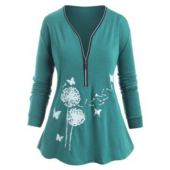 

Plus Size Half Zipper Floral Butterfly Print Tee, Green