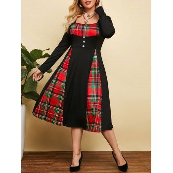 

Plus Size Plaid Godet Long Sleeve A Line Dress, Black