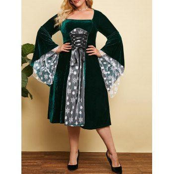 

Plus Size Christmas Velvet Snowflake Floral Lace-up Bell Sleeve Dress, Deep green