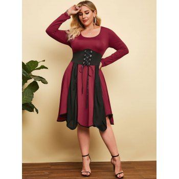 

Plus Size Colorblock Lace Up Waist Dress, Black