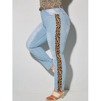 

Leopard Panel Light Wash Plus Size Skinny Jeans, Light blue
