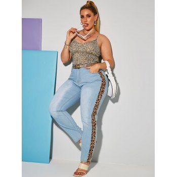 Leopard Panel Light Wash Plus Size Skinny Jeans