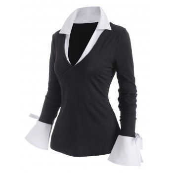 

Colorblock Bowknot Slit Flare Sleeve T Shirt, Black