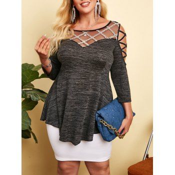 

Heathered Metallic Thread Mesh Lattice Plus Size Top, Gray