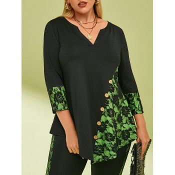 

Lace Panel Buttoned Notched Collar Plus Size Top, Black