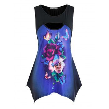 

Plus Size Cutout Floral Print Handkerchief Tank Top, Black