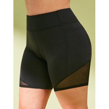 

Side Pockets Stitching Yoga Plus Size Biker Shorts, Black