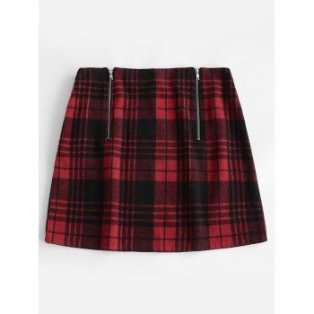 

Plus Size Double Zip Plaid Wool Blend Skirt, Red