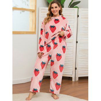 

Plus Size Strawberry Print Fluffy Pajama Set, Light pink