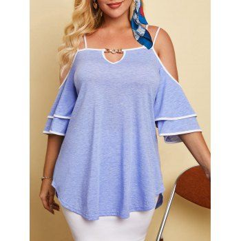 

Plus Size Layered Piping Open Shoulder Keyhole Tee, Light blue