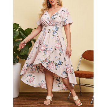 

Plus Size Floral Print High Low Long Dress, Light pink