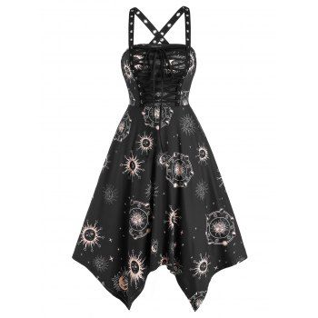 

Sun Phase Print Lace Up Crisscross Handkerchief Dress, Black