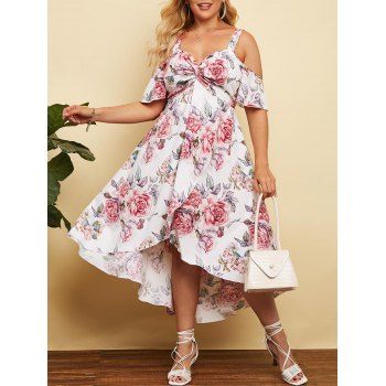 

Plus Size Cold Shoulder Front Twist Floral Print Maxi Dress, White