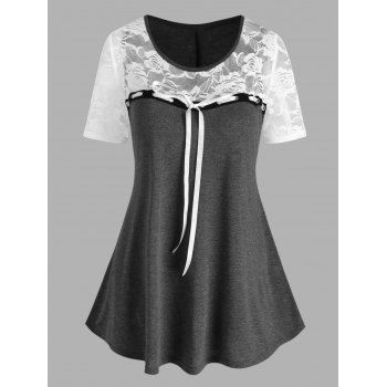 

Plus Size Lace Sheer Yoke Short Sleeve Tunic Tee, Gray