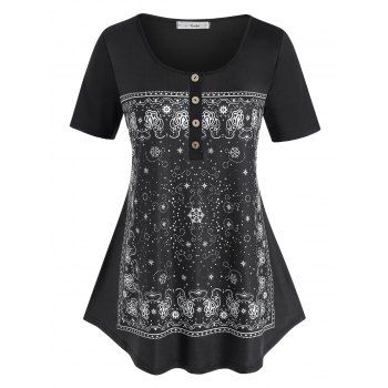 

Plus Size Printed Half Button Tee, Black