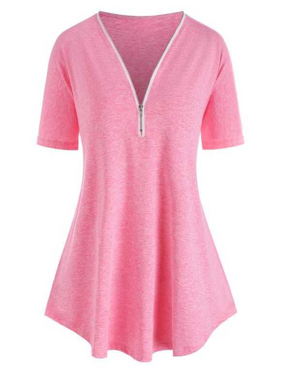 T-shirt Teinté Demi-Zip à Manches Courtes de Grande Taille - Rose clair XL