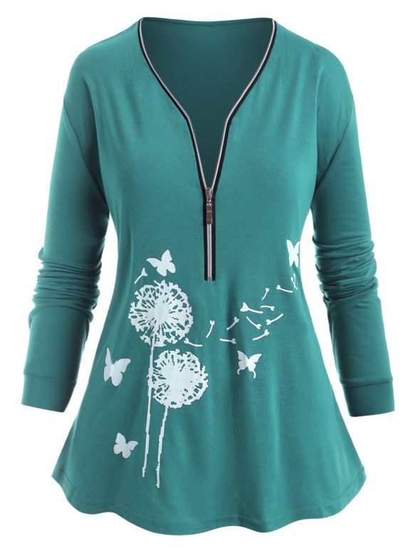 T-shirt Imprimé Fleuri Papillon à Demi-Zip de Grande Taille - Vert XL