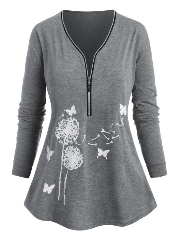 T-shirt Imprimé Fleuri Papillon à Demi-Zip de Grande Taille - Gris Clair 4XL