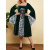 Plus Size Christmas Velvet Snowflake Floral Lace-up Bell Sleeve Dress - DEEP GREEN 1X