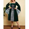 Robe de Noël Fleurie Flocon de Neige à Manches de Cloche de Grande Taille à Lacets en Velours - Vert profond 2X