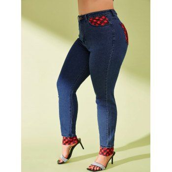 

Plaid Patchwork Plus Size Skinny Jeans, Deep blue