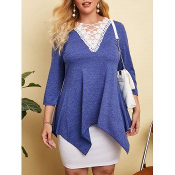 

Crochet Lace Panel Heathered Plus Size Top, Blue