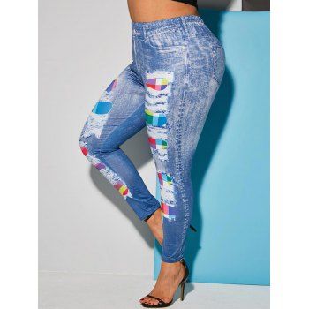 

3D Print Colorful Plaid Panel Plus Size Jeggings, Blue