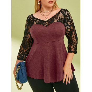 

Lace Panel Heathered V Neck Plus Size Top, Red